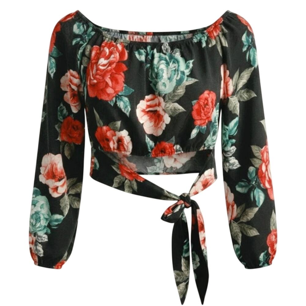 Cupshe Black Red Floral Long Sleeve Crop Blouse XL NWT